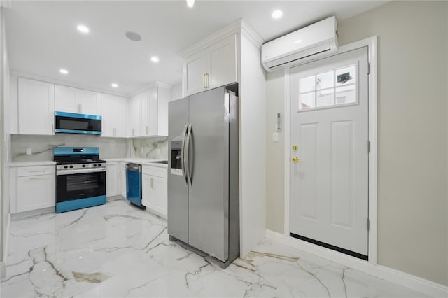 234 Quincy Ave, Bronx, NY 10465 - kitchen with stainless steel appliances, a wall mounted AC, white cabinetry, recessed lighting, and light marble finish floors