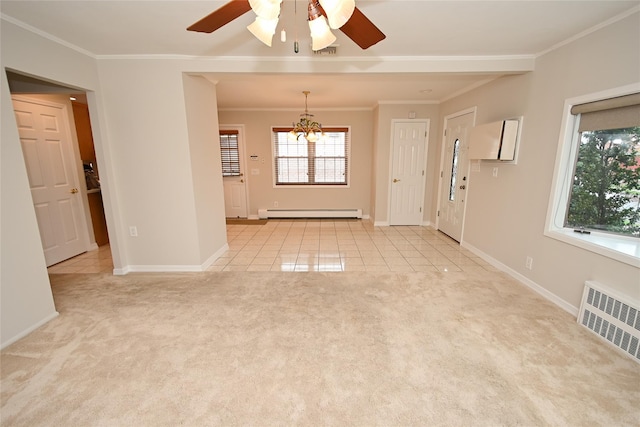 carpeted empty room featuring baseboard heating, crown molding, a ceiling fan, a chandelier, and tile patterned floors