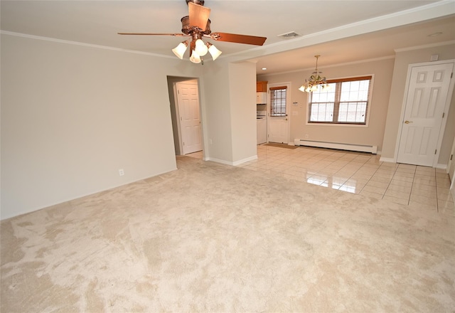 unfurnished living room featuring baseboard heating, a chandelier, crown molding, light carpet, and ceiling fan