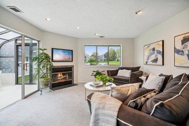 106 E Midland Pond Ct First Floor, First Floor, Moriches, NY 11955 - living area with carpet floors, a textured ceiling, a fireplace with flush hearth, and recessed lighting
