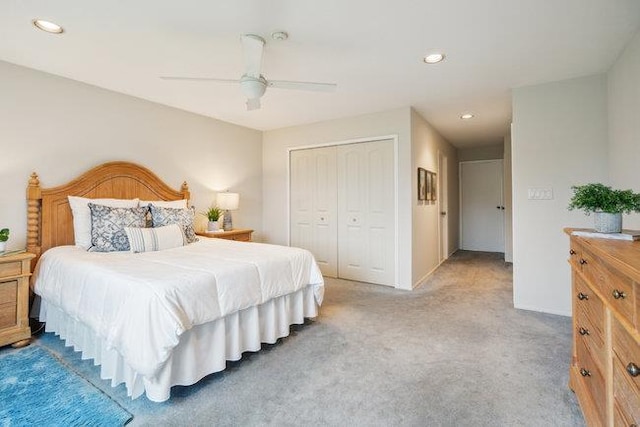 106 E Midland Pond Ct First Floor, First Floor, Moriches, NY 11955 - bedroom with a closet, recessed lighting, light colored carpet, baseboards, and a ceiling fan
