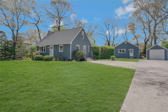 28 Lynncliff Rd, Hampton Bays, NY 11946 - view of property exterior featuring a detached garage, an outbuilding, driveway, a yard, and a shingled roof
