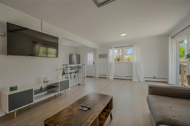 28 Lynncliff Rd, Hampton Bays, NY 11946 - living room featuring wood finished floors and a baseboard radiator