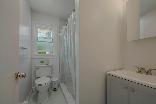 28 Lynncliff Rd, Hampton Bays, NY 11946 - bathroom with tile patterned flooring, toilet, vanity, and curtained shower