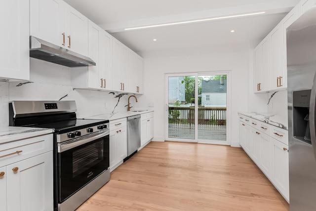 147 Florence St, Yonkers, NY 10704 - kitchen featuring stainless steel appliances, under cabinet range hood, a sink, light wood-style floors, and recessed lighting
