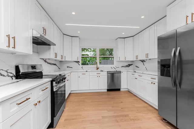 147 Florence St, Yonkers, NY 10704 - kitchen with appliances with stainless steel finishes, under cabinet range hood, a sink, light wood finished floors, and tasteful backsplash