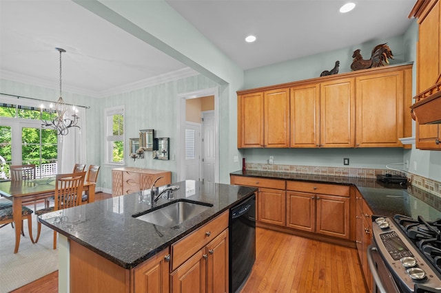 1 Sly St, Warwick, NY 10990 - kitchen featuring dishwasher, a sink, stainless steel range with gas stovetop, a chandelier, and light wood-style floors
