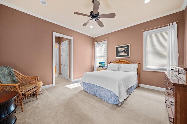 1 Sly St, Warwick, NY 10990 - bedroom with baseboards, ornamental molding, light colored carpet, recessed lighting, and a ceiling fan