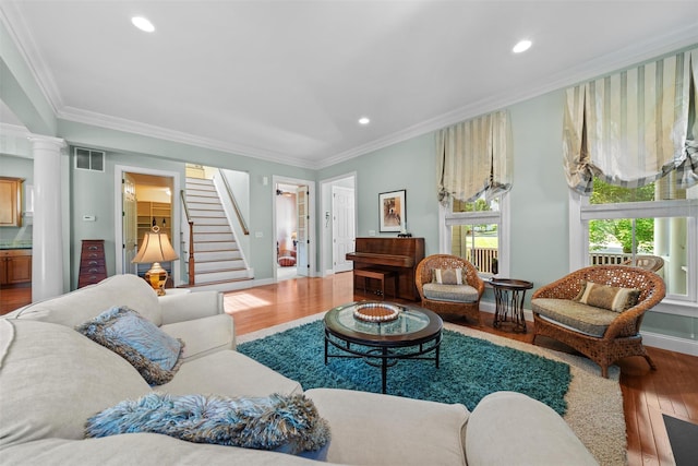 1 Sly St, Warwick, NY 10990 - living area with wood finished floors, stairway, ornamental molding, decorative columns, and recessed lighting