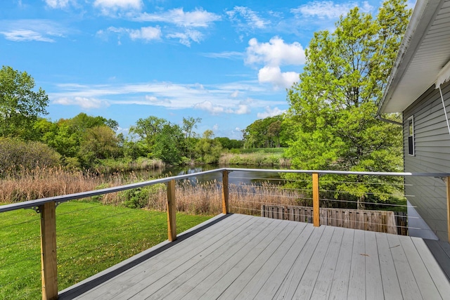 wooden deck featuring a water view and a yard
