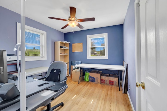 office area with ceiling fan, wood finished floors, and baseboards