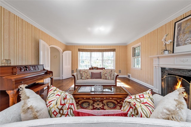 3 Barkers Point Rd, Sands Point, NY 11050 - living area with wood finished floors, baseboards, crown molding, and a premium fireplace