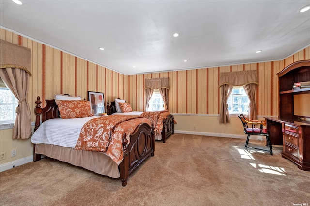 3 Barkers Point Rd, Sands Point, NY 11050 - carpeted bedroom featuring wallpapered walls, baseboards, a desk, and recessed lighting