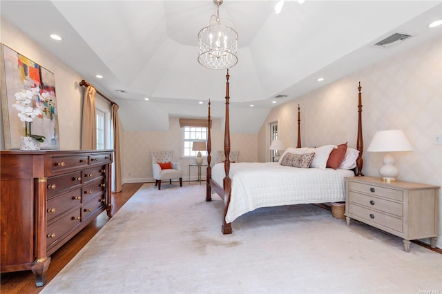 3 Barkers Point Rd, Sands Point, NY 11050 - bedroom with wallpapered walls, recessed lighting, baseboards, a raised ceiling, and a chandelier