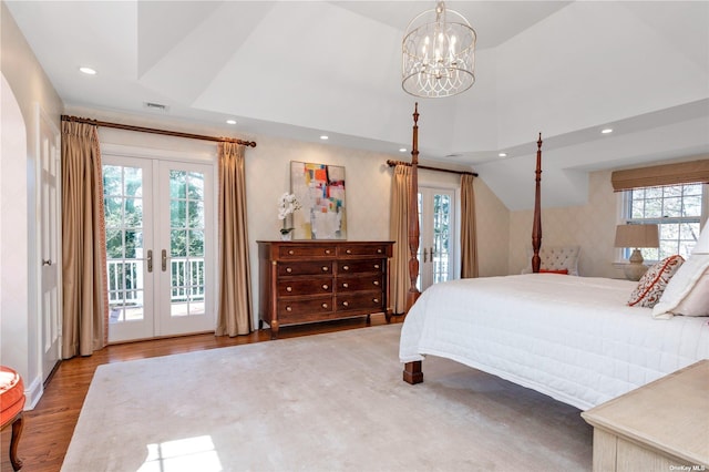 3 Barkers Point Rd, Sands Point, NY 11050 - bedroom with access to exterior, french doors, multiple windows, a chandelier, and recessed lighting
