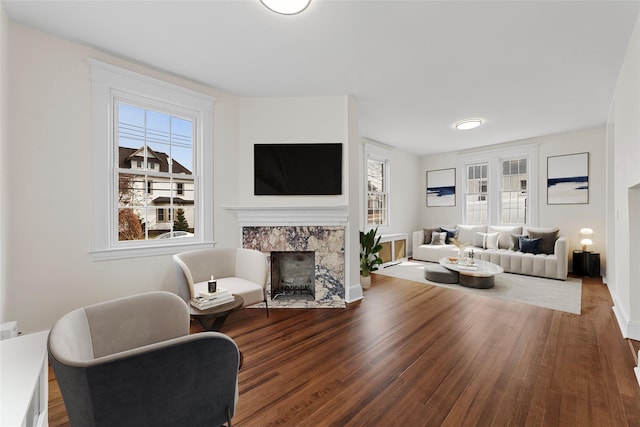 living area with a fireplace, baseboards, and wood finished floors