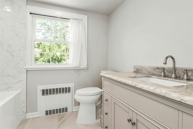 8 Hazel Rd, Port Washington, NY 11050 - full bathroom featuring radiator heating unit, vanity, marble finish floors, and shower / tub combination
