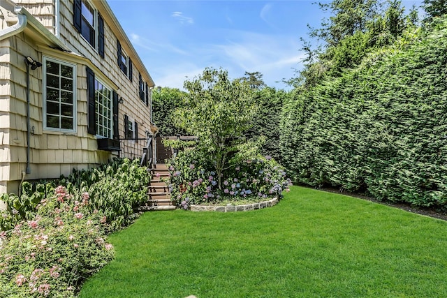 8 Hazel Rd, Port Washington, NY 11050 - view of grassy yard with stairs and a wooden deck