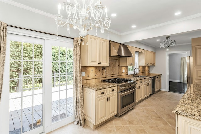 8 Hazel Rd, Port Washington, NY 11050 - kitchen with appliances with stainless steel finishes, a chandelier, wall chimney range hood, tasteful backsplash, and crown molding