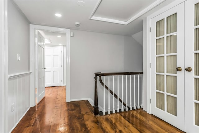 8 Hazel Rd, Port Washington, NY 11050 - hall with an upstairs landing, hardwood / wood-style flooring, recessed lighting, and french doors