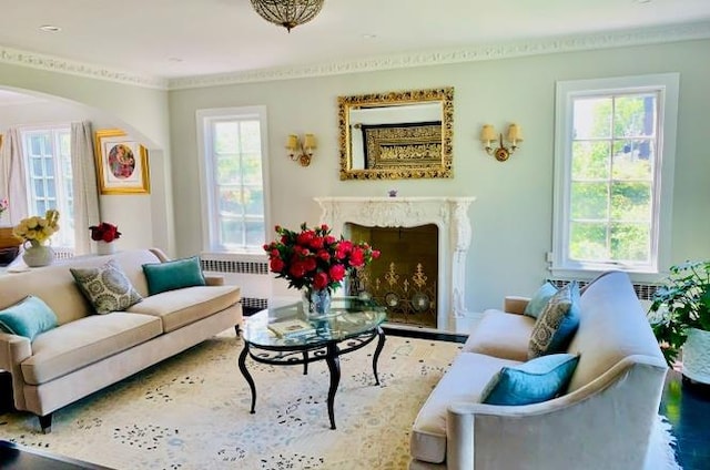 8 Hazel Rd, Port Washington, NY 11050 - living area featuring radiator heating unit, ornamental molding, arched walkways, a high end fireplace, and wood finished floors