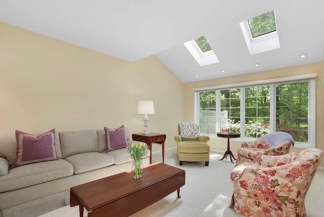 48 Clarewood Dr, Hastings-On-Hudson, NY 10706 - carpeted living area with a skylight, vaulted ceiling, baseboards, and recessed lighting