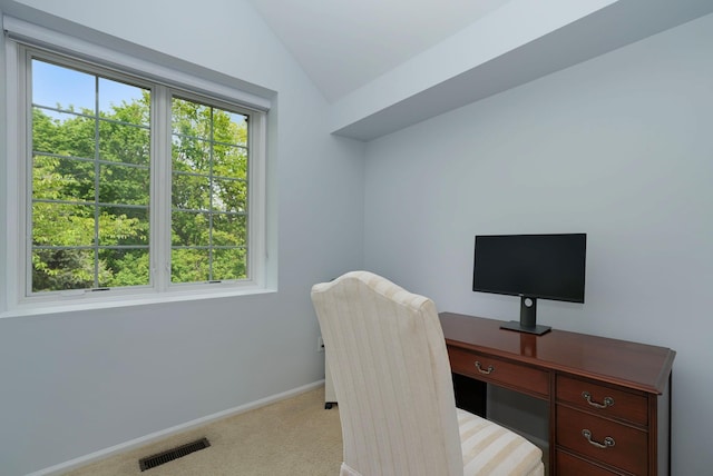 48 Clarewood Dr, Hastings-On-Hudson, NY 10706 - office area featuring vaulted ceiling, light carpet, and baseboards