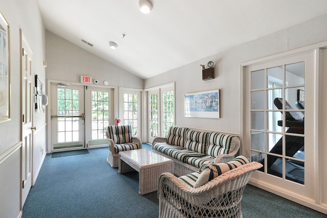 48 Clarewood Dr, Hastings-On-Hudson, NY 10706 - carpeted living area featuring vaulted ceiling and french doors