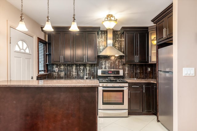 67-15 Bell Blvd Duplex, Unit Duplex, Bayside, NY 11364 - kitchen featuring stainless steel appliances, wall chimney range hood, tasteful backsplash, and light tile patterned floors