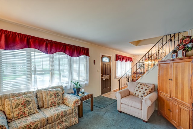 86 Vincent Rd, Hicksville, NY 11801 - carpeted living area featuring stairway