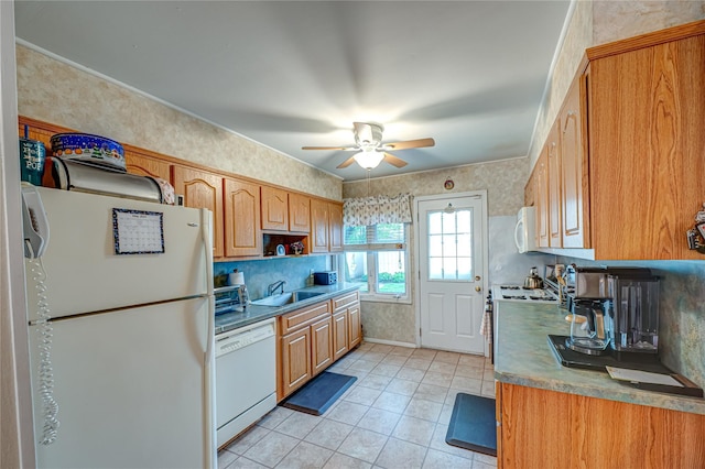 86 Vincent Rd, Hicksville, NY 11801 - kitchen with white appliances, a sink, wallpapered walls, ceiling fan, and light tile patterned flooring