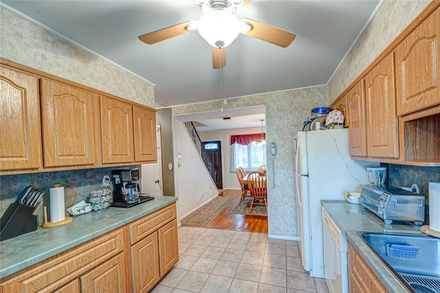 86 Vincent Rd, Hicksville, NY 11801 - kitchen featuring wallpapered walls, a sink, light tile patterned floors, a ceiling fan, and white appliances