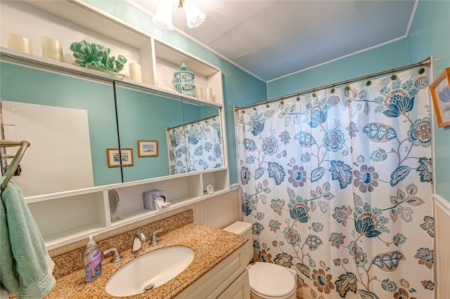 86 Vincent Rd, Hicksville, NY 11801 - full bath featuring toilet, vanity, a shower with curtain, and ornamental molding