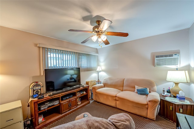 86 Vincent Rd, Hicksville, NY 11801 - living area with a wall mounted air conditioner, a ceiling fan, and carpet