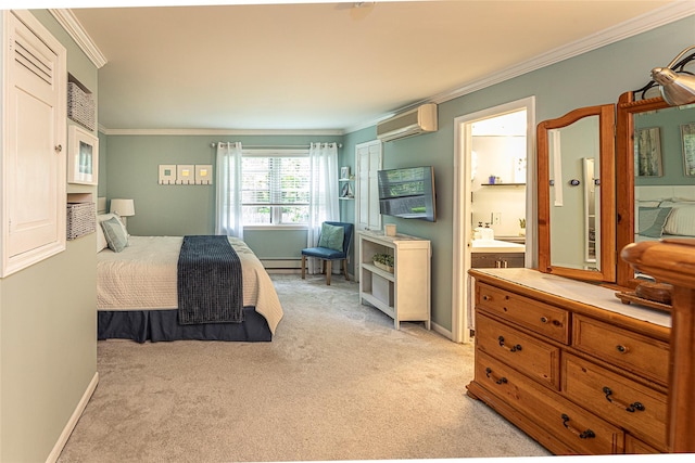 50 Louisiana Ave Unit 9R, Bronxville, NY 10708 - bedroom featuring ornamental molding, a wall unit AC, light colored carpet, a baseboard heating unit, and connected bathroom