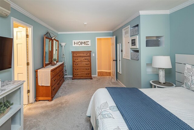 50 Louisiana Ave Unit 9R, Bronxville, NY 10708 - bedroom featuring an AC wall unit, crown molding, light colored carpet, and baseboards