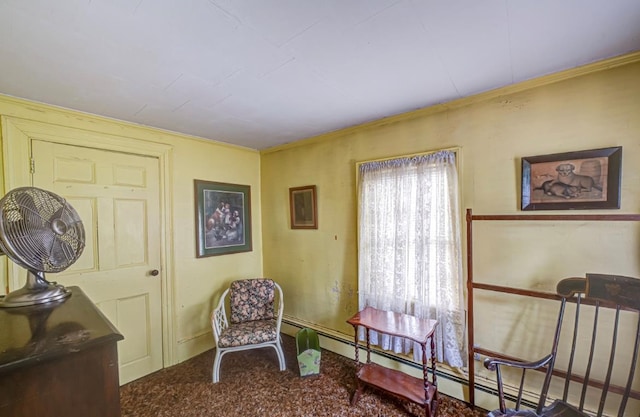 living area with ornamental molding, carpet, a baseboard heating unit, and baseboards