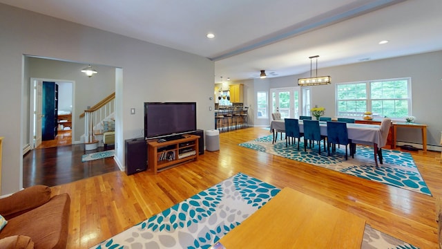 293 S Centerville Rd, Middletown, NY 10940 - living area featuring light wood-style floors, stairs, recessed lighting, a ceiling fan, and baseboards