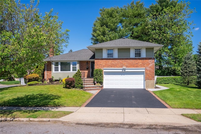 2001 Wellington Ct, Westbury, NY 11590 - tri-level home featuring brick siding, driveway, an attached garage, and a front lawn