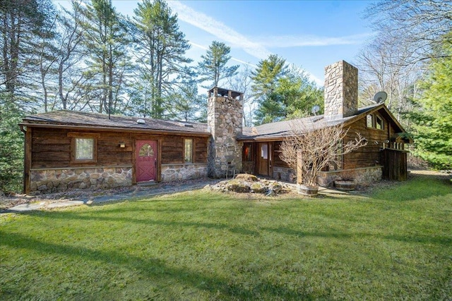 62 Stag Forest Rd, Forestburgh, NY 12777 - back of house featuring a chimney, stone siding, and a yard