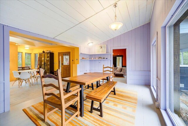 62 Stag Forest Rd, Forestburgh, NY 12777 - dining room with lofted ceiling, light wood-type flooring, and wooden ceiling