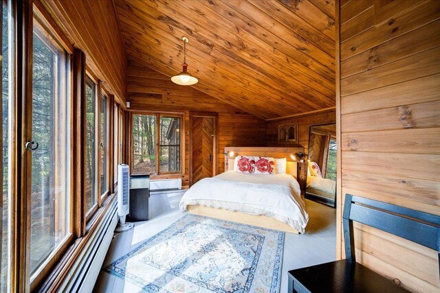 62 Stag Forest Rd, Forestburgh, NY 12777 - bedroom with vaulted ceiling, wood walls, and wooden ceiling