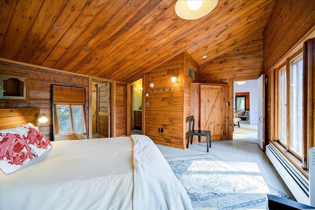 62 Stag Forest Rd, Forestburgh, NY 12777 - bedroom with a baseboard radiator, wooden walls, vaulted ceiling, multiple windows, and wooden ceiling