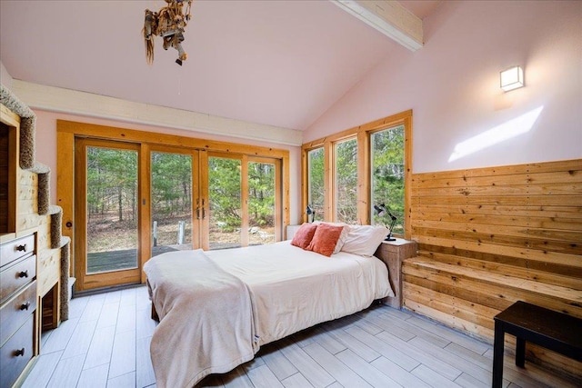 62 Stag Forest Rd, Forestburgh, NY 12777 - bedroom featuring access to exterior, french doors, light wood-type flooring, and wooden walls