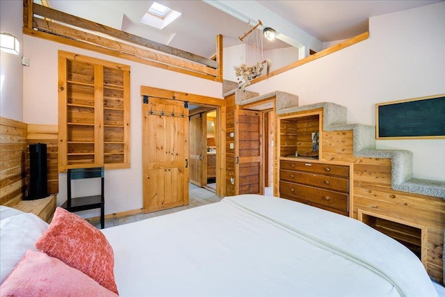 62 Stag Forest Rd, Forestburgh, NY 12777 - bedroom with beamed ceiling, high vaulted ceiling, and wood walls