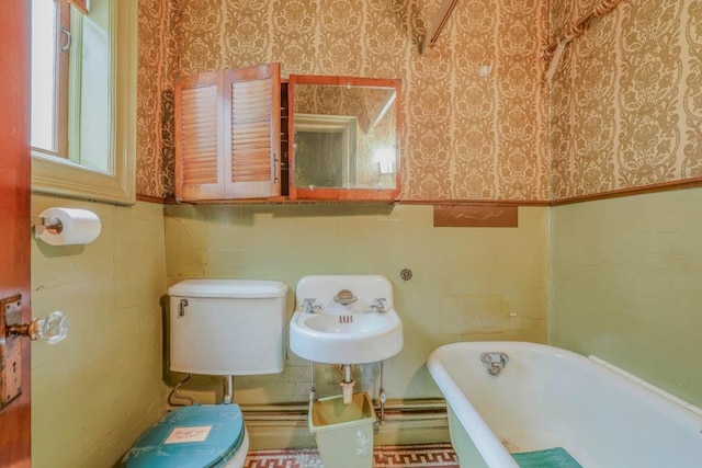 62-12 60th Dr, Maspeth, NY 11378 - full bath with wallpapered walls, a freestanding tub, and wainscoting