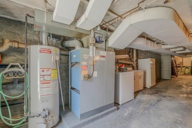 62-12 60th Dr, Maspeth, NY 11378 - unfinished below grade area with gas water heater, washer / clothes dryer, and freestanding refrigerator