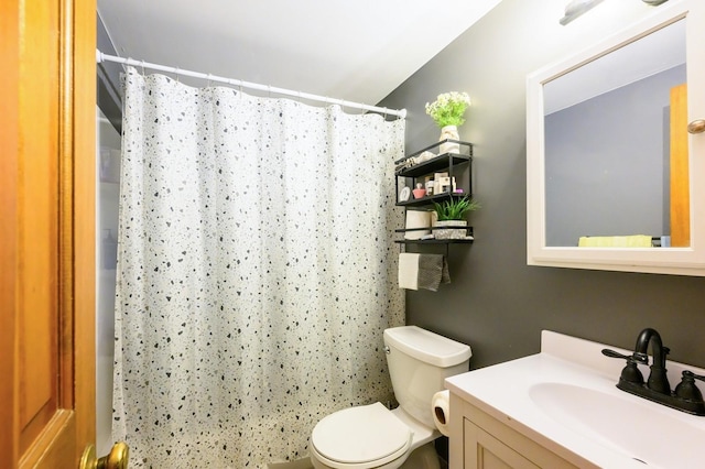 full bathroom with toilet, vanity, and a shower with curtain