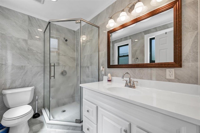 541 Broadway, Monticello, NY 12701 - full bathroom featuring tile walls, vanity, a shower stall, and toilet