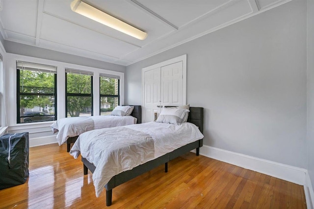 541 Broadway, Monticello, NY 12701 - bedroom with light wood-style flooring, baseboards, a closet, and crown molding
